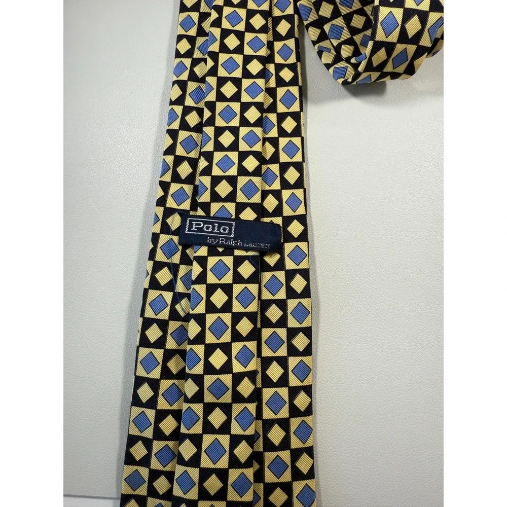 Polo Ralph Lauren Silk Tie Yellow Blue Geometric Diamond Handmade Germany Mens